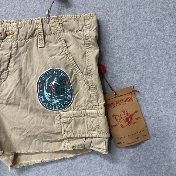 True Religion Leslie Cargo Surf Shorts Surf Champions 69 Patch Khaki Sz 28 NWT - Picture 3 of 12